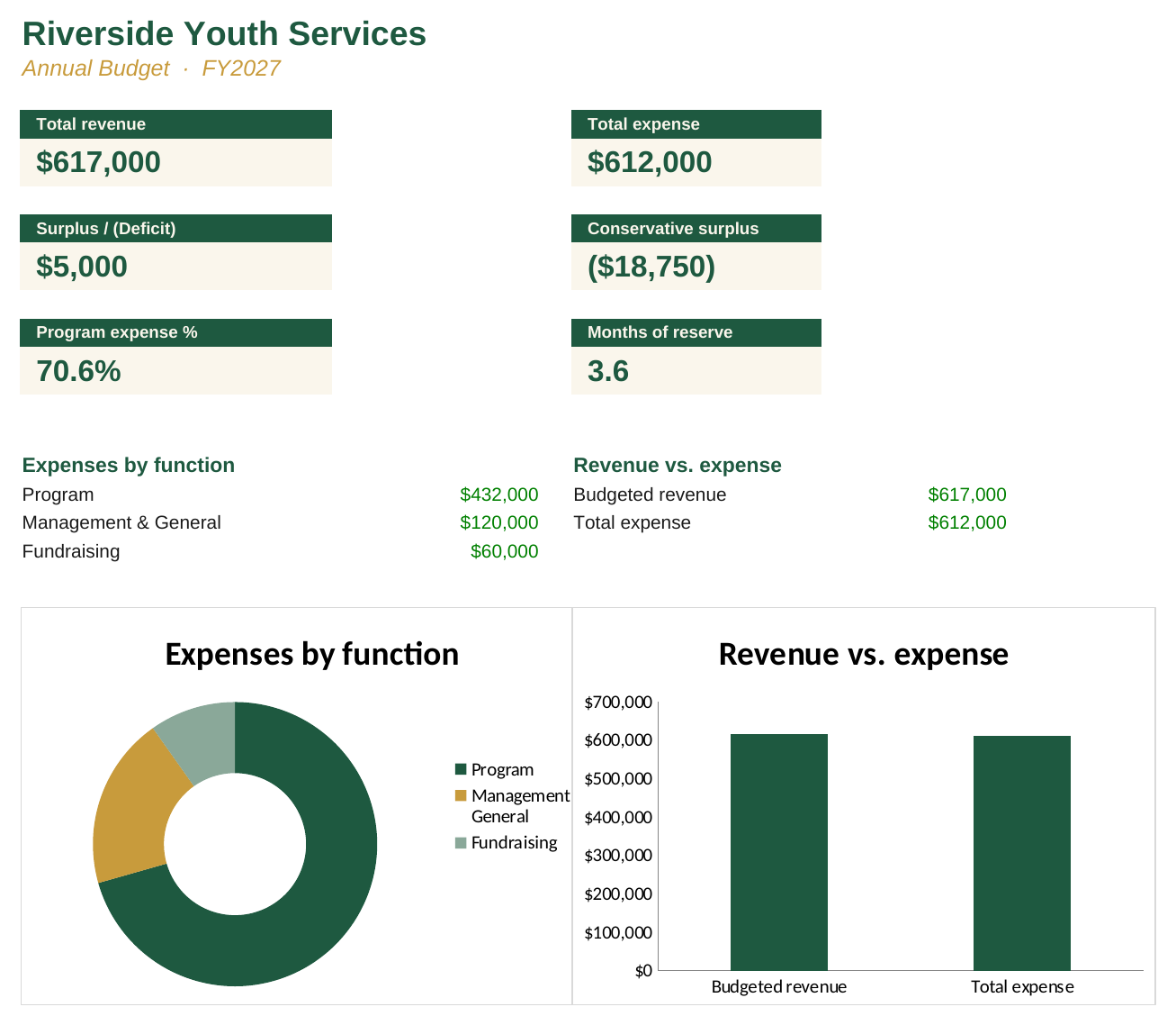 The board summary tab: total revenue, expense, surplus, conservative surplus, program expense percentage, months of reserve, plus expenses-by-function and revenue-vs-expense charts.